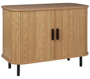 Komoda svetlé drevo čierne nohy MDF kov posuvné dvierka úložný priestor retro štýl obývacia izba