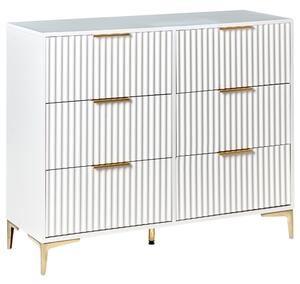 Komoda biela MDF so 6 zásuvkami kovové nohy drážkované zásuvky moderný dizajn spálňa obývacia izba
