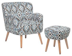 Kreslo viacfarebné čalúnené s podnožkou drevené nohy orientálny vzor retro boho obývacia izba