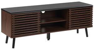 TV stolík tmavé drevo čierna MDF 54 x 140 x 40 cm 2 skrinky 2 police posuvné dvierka úložný priestor rustikálny štýl obývačka spálňa