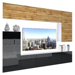 Obývacia stena Belini Premium Full Version dub wotan / čierny lesk + LED osvetlenie Nexum 130