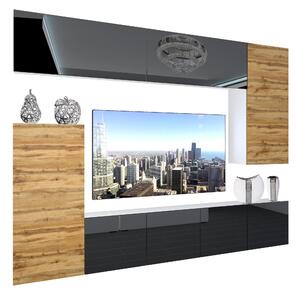 Obývacia stena Belini Premium Full Version čierny lesk / dub wotan + LED osvetlenie Nexum 126