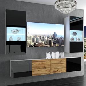 Obývacia stena Belini Premium Full Version čierny lesk / dub wotan + LED osvetlenie Nexum 110