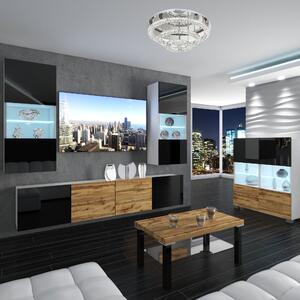 Obývacia stena Belini Premium Full Version čierny lesk / dub wotan + LED osvetlenie Nexum 110