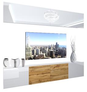 Obývacia stena Belini Premium Full Version biely lesk / dub wotan + LED osvetlenie Nexum 91