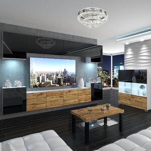 Obývacia stena Belini Premium Full Version čierny lesk / dub wotan + LED osvetlenie Nexum 70