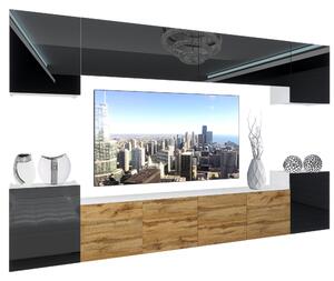 Obývacia stena Belini Premium Full Version čierny lesk / dub wotan + LED osvetlenie Nexum 70