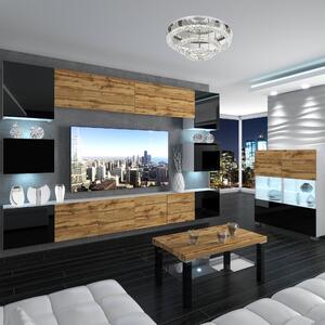 Obývacia stena Belini Premium Full Version čierny lesk / dub wotan + LED osvetlenie Nexum 52