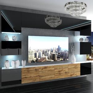 Obývacia stena Belini Premium Full Version čierny lesk / dub wotan + LED osvetlenie Nexum 53