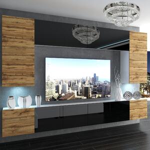Obývacia stena Belini Premium Full Version dub wotan / čierny lesk + LED osvetlenie Nexum 30