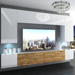 Obývacia stena Belini Premium Full Version biely lesk / dub wotan + LED osvetlenie Nexum 26