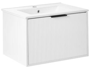 Závesná kúpeľňová skrinka s umývadlom biela s čiernym úchytom MDF 60 cm s 2 zásuvkami úložný priestor moderný štýl kúpeľňa