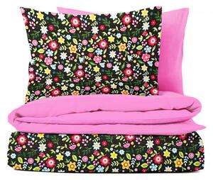 Ervi bavlnené obliečky DUO - farebné kvety na čiernom/ružové