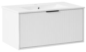 Závesná kúpeľňová skrinka s umývadlom biela s čiernym úchytom MDF 80 cm s 2 zásuvkami úložný priestor moderný štýl kúpeľňa