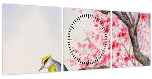 Obraz - Vtáčik na strome s červenými kvetmi (s hodinami) (90x30 cm)