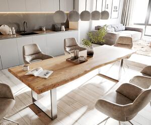 DELIFE Jedálenský stôl Edge 280x100 cm XL akácia prírodná nerezová oceľ úzky Live-Edge