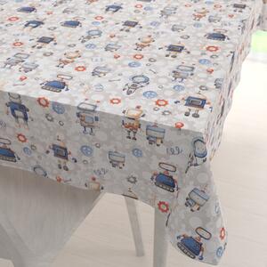 Biante Detský bavlnený obdĺžnikový obrus Sandra SA-584 Svet robotov na sivo-bielom 50x100 cm