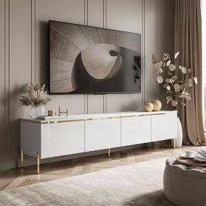 TV STOLÍK NESSIE ART 2 BIELY LESK + ZLATÁ LIŠTA 200 cm LED