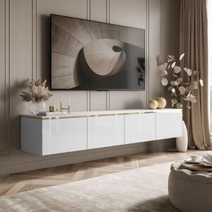 ZÁVESNÝ TV STOLÍK NESSIE ART BIELY LESK + ZLATÁ LIŠTA 200 cm LED