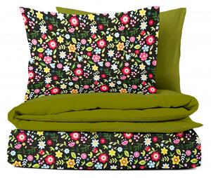 Ervi bavlnené obliečky DUO - farebné kvety na čiernom/olivové