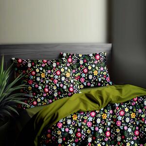 Ervi bavlnené obliečky DUO - farebné kvety na čiernom/olivové