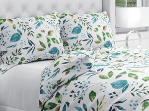 Biante Bavlnené posteľné obliečky Sandra SA-434 Modro-zelené listy na bielom Predĺžené 140x220 a 70x90 cm