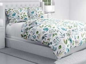 Biante Bavlnené posteľné obliečky Sandra SA-434 Modro-zelené listy na bielom Predĺžené 140x220 a 70x90 cm