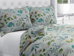 Biante Bavlnené posteľné obliečky Sandra SA-430 Modro-zelené listy na sivom Jednolôžko 140x200 a 70x90 cm