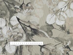 Teflónová látka na obrusy TF-057 Kvety s eukalyptom na hnedobéžovom - šírka 155 cm