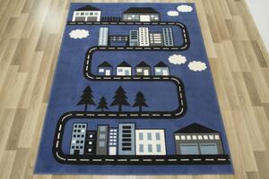 Detský koberec Kids 534451/94955 - Uličky pomedzi domčeky, modrý