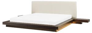 Posteľ v japonskom štýle tmavý jaseň 160 x 200 cm nízky drevený rám postele z MDF koženkové čelo LED podsvietenie nočné stolíky