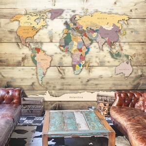 Samolepiaca tapeta mapa sveta na drevenom podklade - The World at Your Fingertips