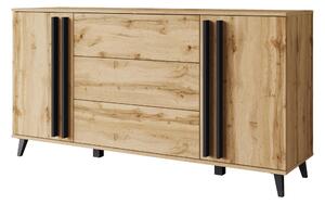 MINIO komoda "HURON" 150 cm s 2 dvierkami, 3 zásuvkami a nožičkami – dub Wotan / čierna