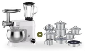MEGAKOMBO Multifunkčný kuchynský robot BestBerg BBR-1900P + 15dielna sada riadu s mramorovým povrchom BestBerg BBSC-15 / strieborná