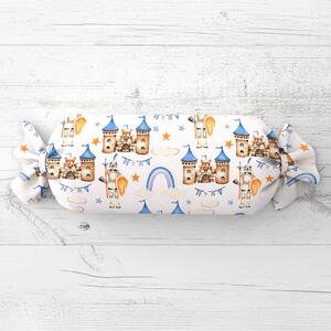 Biante Detský vankúš valec bonbon Sandra SA-666 Modro-hnedé hrady a rytieri na bielom 15x40 cm