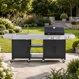 Záhradná BBQ kuchyňa s umývadlom BestBerg BBBQ-25SB / 4 horáky / 11,5 kW / čierna/strieborná