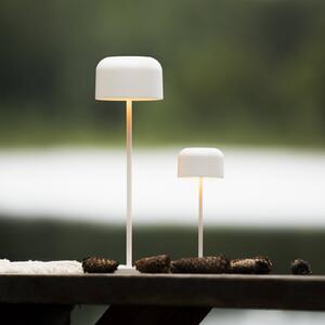 Stolová LED lampa Lille na batérie, výška 20 cm, biela, IP54, USB, Biela / opálová, Obývacia izba / jedáleň, Hliník, Moderný, Stojacie svietidlo