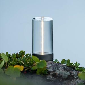 Stolová LED lampa Edison na batérie, výška 15 cm, sivá/číra, IP54, Jasné / priehľadné, Obývacia izba / jedáleň, Plast, Moderný