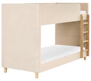 Detská poschodová posteľ svetlobéžová zamatové čalúnenie 90 x 200 cm rebrík z topoľového dreva vysoká posteľ detská izba