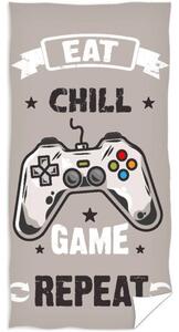 Veľká plážová osuška Eat, Chill, Game & Repeat - 100 % bavlna s vysokou gramážou 400 g/m² - extra veľký rozmer 90 × 180 cm