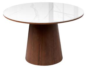 Jedálenský stôl biely MDF keramická vrchná doska dyha z tmavého jaseňa 120 cm okrúhly tvar minimalistický štýl kuchyňa jedáleň