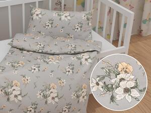 Biante Detské bavlnené posteľné obliečky do postieľky Sandra SA-465 Oranžové kvety na sivom Do postieľky 100x135 a 40x60 cm