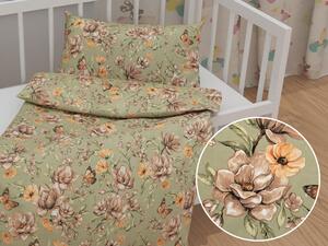 Biante Detské bavlnené posteľné obliečky do postieľky Sandra SA-472 Hnedé kvety magnólie na zelenom Do postieľky 90x140 a 50x70 cm