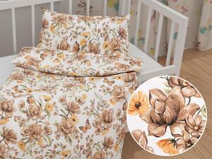 Biante Detské bavlnené posteľné obliečky do postieľky Sandra SA-458 Hnedé kvety magnólie s motýlikmi na bielom Do postieľky 90x120 a 40x60 cm