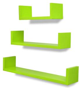 3 zelené plávajúce nástenné police z MDF v tvare písmena U