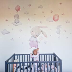 INSPIO-textilná prelepiteľná nálepka - Nálepka na stenu - Akvarelový zajačik a malé zajačiky s balónmi