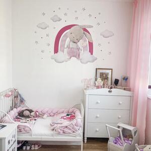 INSPIO-textilná prelepiteľná nálepka - Nálepky na stenu - Zajačik a dúha v ružových farbách