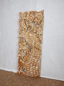 Dekorácia na stenu Páv - teakové drevo, 35x90cm, ručná práca, Thajsko
