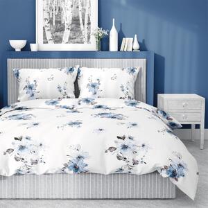 Posteľná bielizeň z bavlneného saténu s krásnym vzorom modrých kvetov Biela