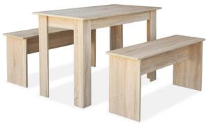 Jedálenský stôl a lavičky z drevotriesky, 3 kusy, dubová farba